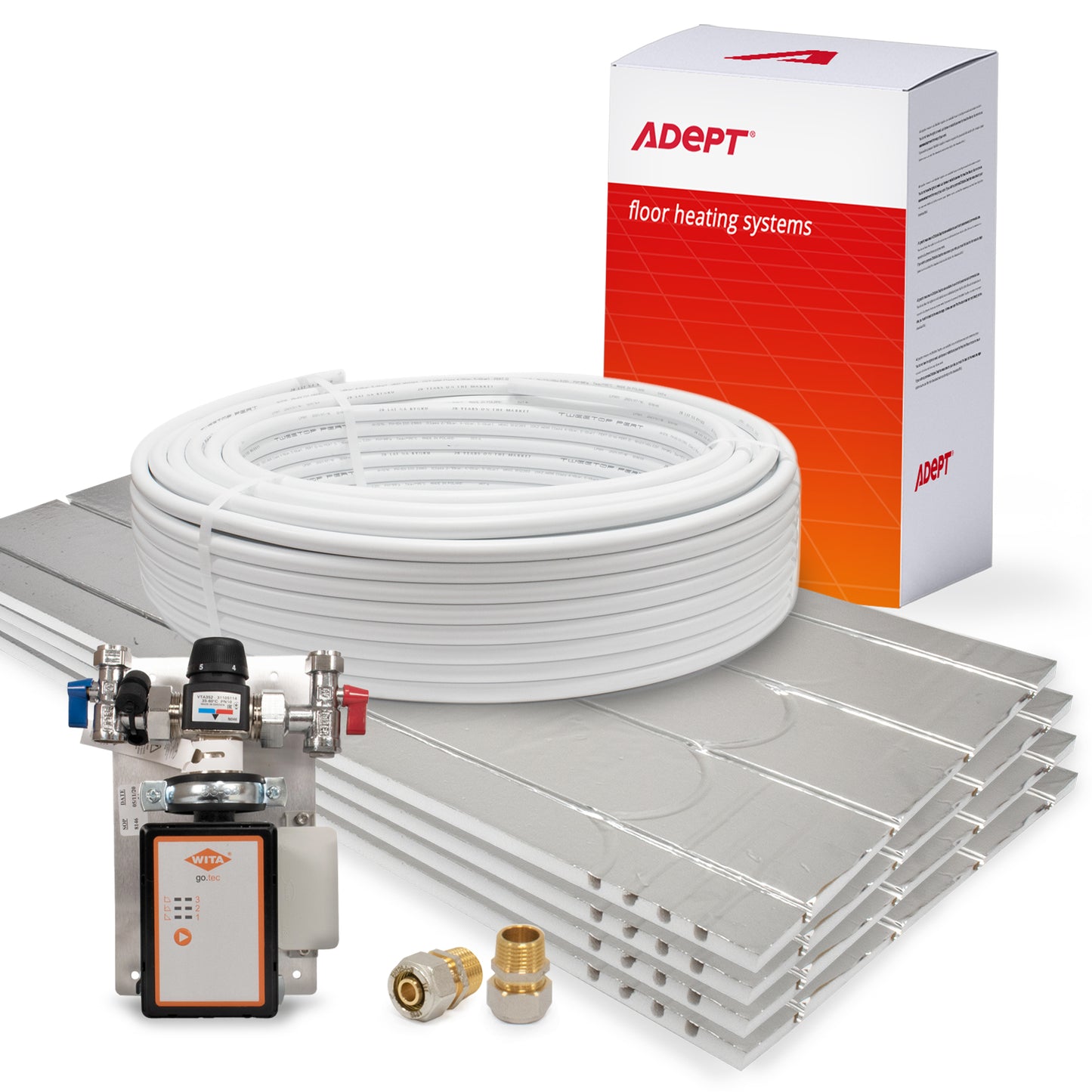 Adept floor heating system components including cable, control valve, and panels on a white background.