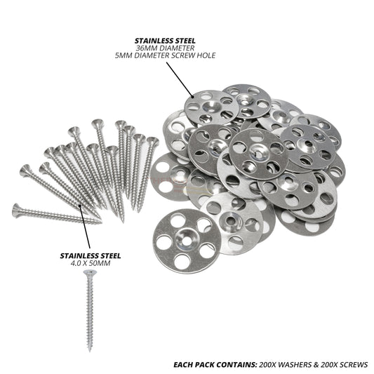 36mm Stainless Steel Washers for Tile Backer Boards & 4 x 50mm Screws