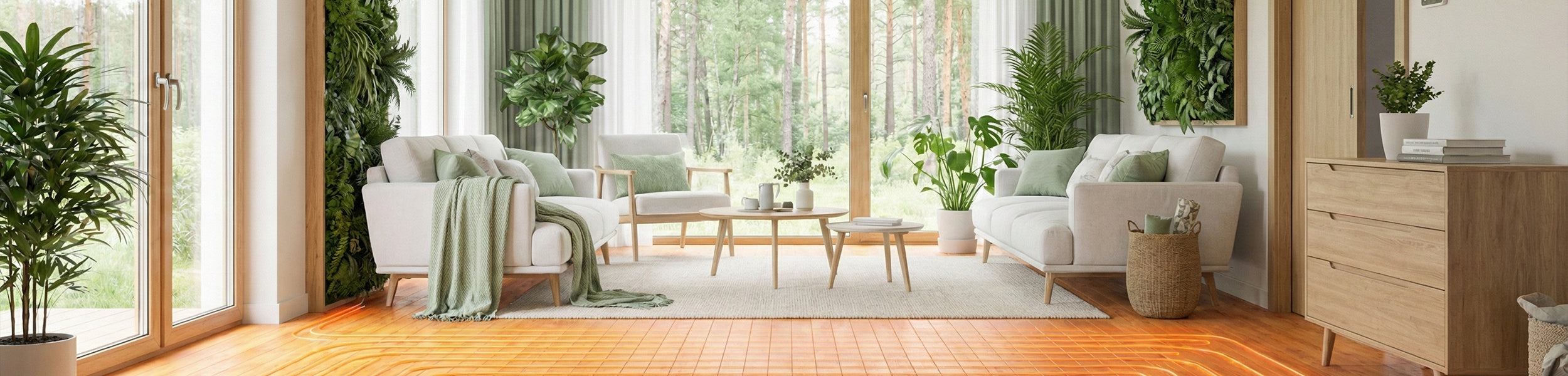 Modern family home with a warm glowing underfloor heating cut away