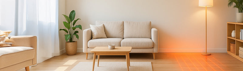 Modern living room with glowing orange flooring, symbolising underfloor heating and heat rising from the floor.