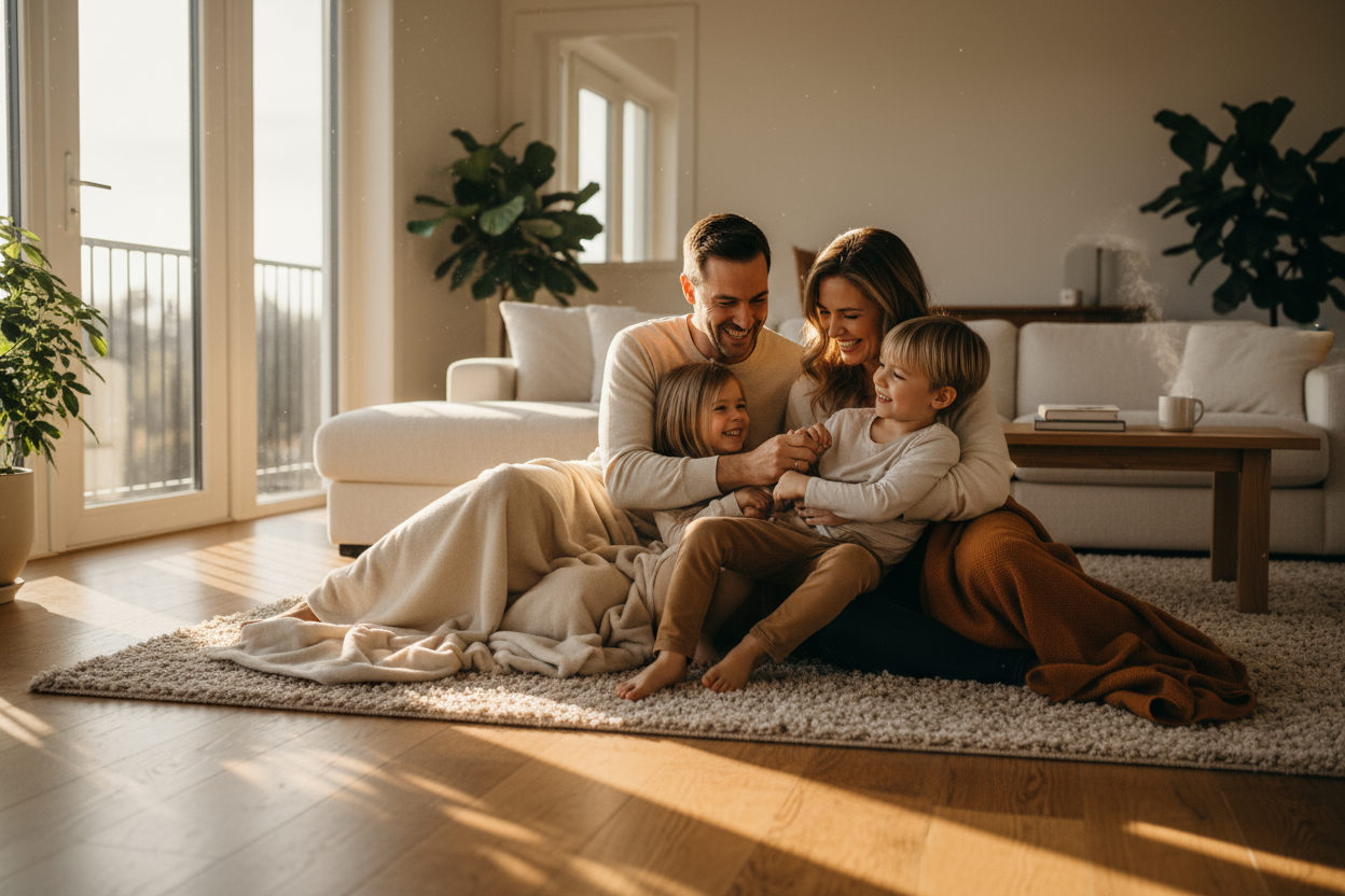 Family sitting on the floor enjoying underfloor heating