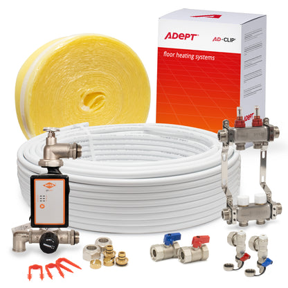 Water underfloor heating kit with edge insulation, pipe, control pack, manifold and fittings.