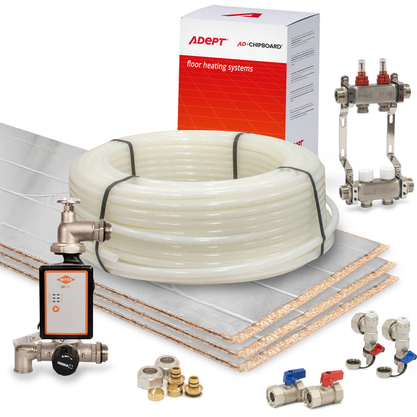 Underfloor heating components such as manifold, control pack, fittings and pipe with grooved chipboard panels