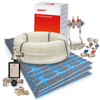 Floor heating system components including pipe, valves, and Adept branded packaging on a white background.