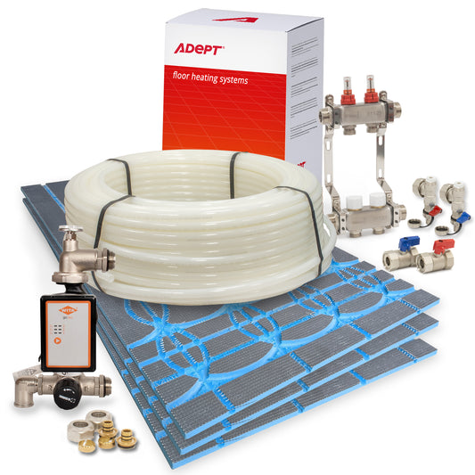 Floor heating system components including pipe, valves, and Adept branded packaging on a white background.