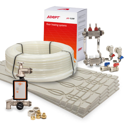 Adept underfloor heating kit with gypsum panels, manifold, control pack and fittings.