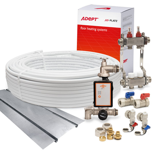 Adept spreader plate water underfloor heating kit with pump, manifold, pipe and fittings