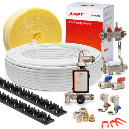 Adept Grip Rail underfloor heating system with pipe, edge insulation, control pack, manifold and fittings