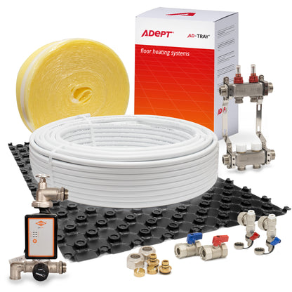 Underfloor heating system kit with manifold, control pump, edge insulation and pipe