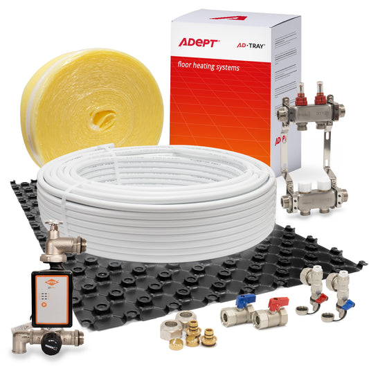 Underfloor heating system kit with manifold, control pump, edge insulation and pipe