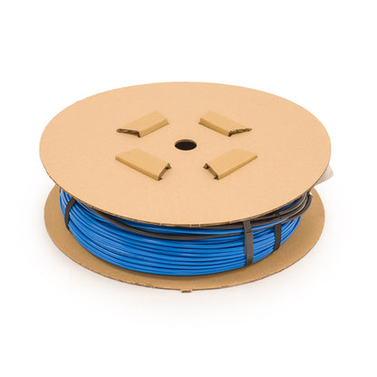 Spool of blue electric underfloor heating cable on a cardboard reel against a white background