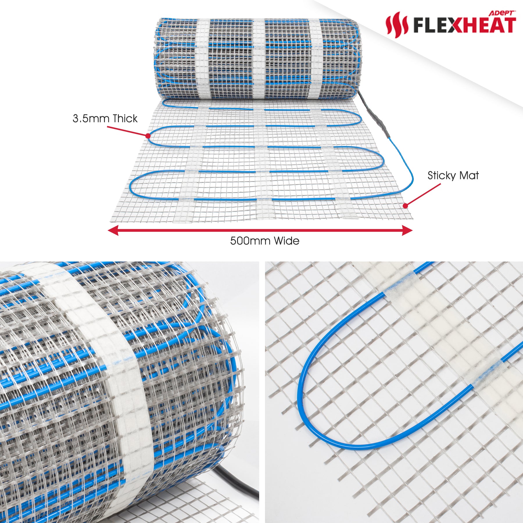 Roll of Flexheat electric floor heating mat with detailed specifications on a white background