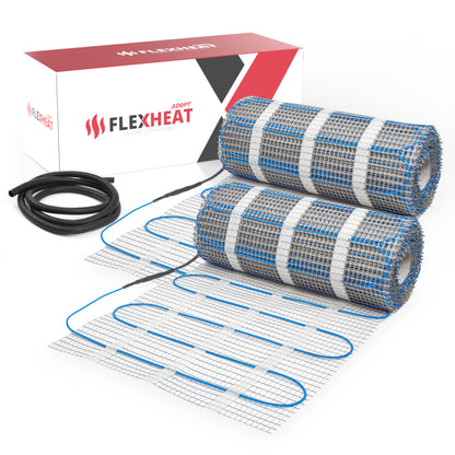 Two rolls of FlexHeat floor heating mat with a coil and packaging on a white background