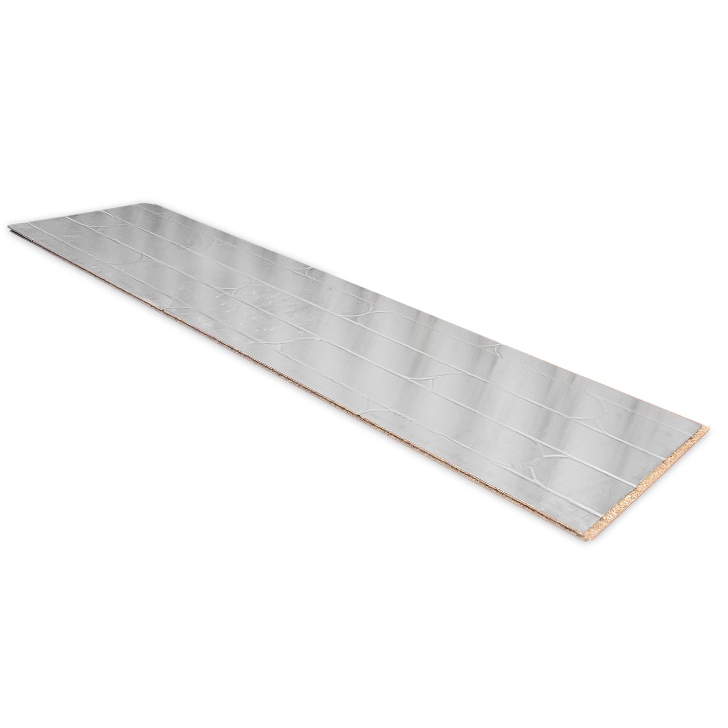 Long rectangular chipboard panel with foil top for use with water underfloor heating pipes