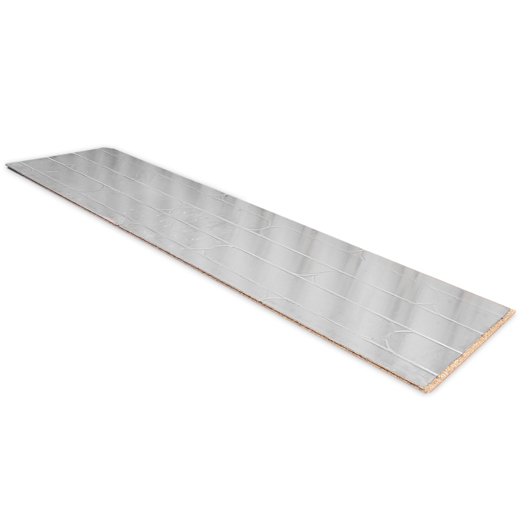 Long rectangular chipboard panel with foil top for use with water underfloor heating pipes