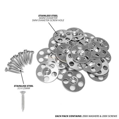 36mm Stainless Steel Washers for Tile Backer Boards & 3.5 x 25mm Screws